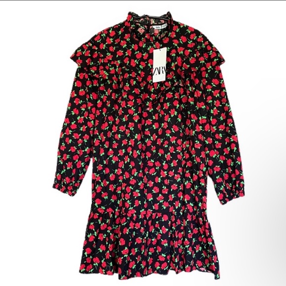 Zara poplin floral ruffle dress xsmall nwt black red - Picture 8 of 10